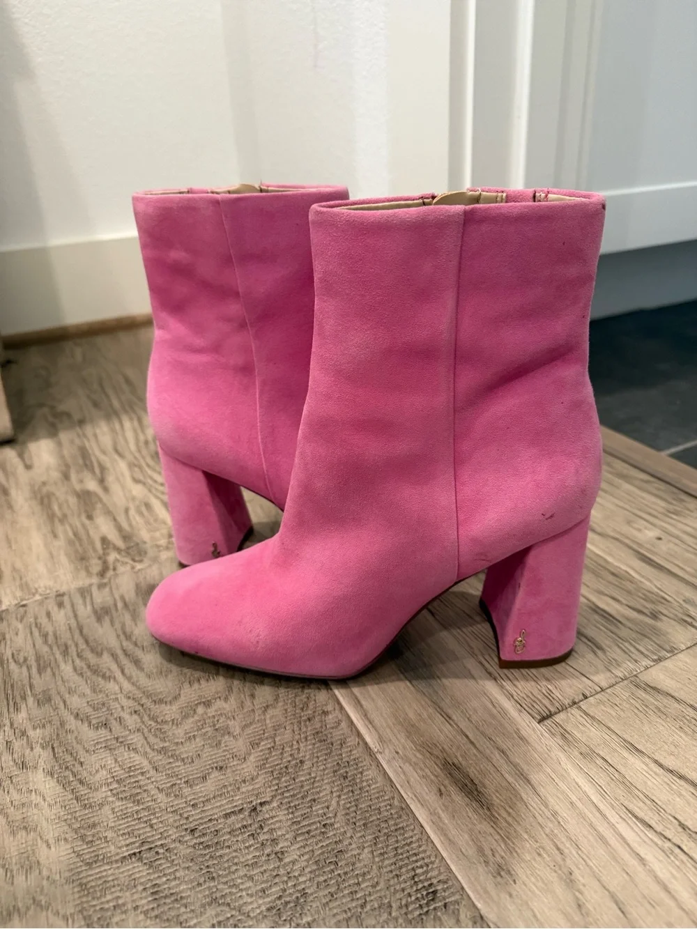 Sam Edelman Pink Suede Block Heel Ankle Boots
